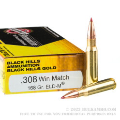 20 Rounds of .308 Win Ammo by Black Hills Gold - 168gr ELD Match