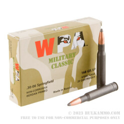 20 Rounds of 30-06 Springfield Ammo by Wolf Military Classic - 168gr SP
