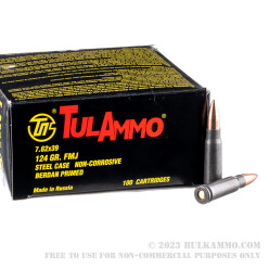 100 Rounds of 7.62x39mm Ammo by Tula - 124gr FMJ