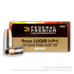1000 Rounds of 9mm Ammo by Federal Law Enforcement - +P+ 124gr Hydra-Shok JHP