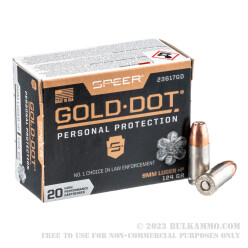 20 Rounds of 9mm Ammo by Speer Gold Dot - 124gr +P JHP