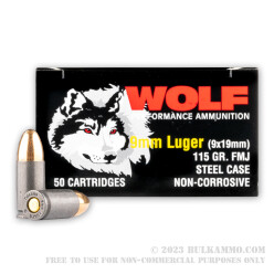 1000 Rounds of 9mm Ammo by Wolf Performance (Steel Case) - 115gr FMJ