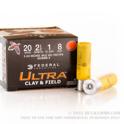 250 Rounds of 20ga Ammo by Federal Ultra Clay & Field - 2-3/4" 1 ounce #8 shot