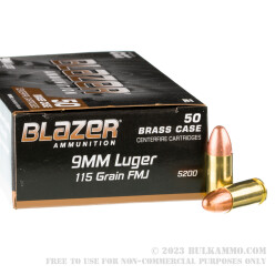 50 Rounds of 9mm Ammo by Blazer Brass - 115gr FMJ