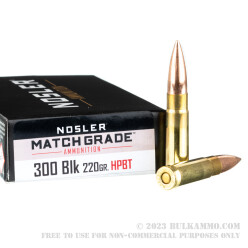 20 Rounds of .300 AAC Blackout Ammo by Nosler Match Grade - 220gr Custom Competition