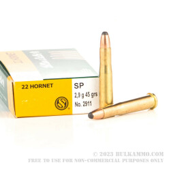 20 Rounds of .22 Hornet Ammo by Sellier & Bellot - 45 gr SP