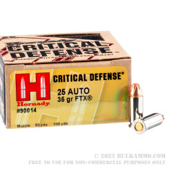 250 Rounds of .25 ACP Ammo by Hornady Critical Defense - 35gr FTX