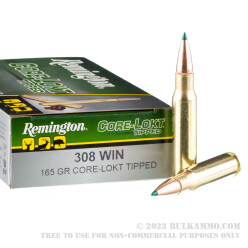 20 Rounds of .308 Win Ammo by Remington Core-Lokt Tipped - 165gr Polymer Tip