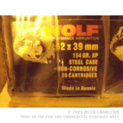 500  Rounds of 7.62x39mm Ammo by Wolf - 154gr SP