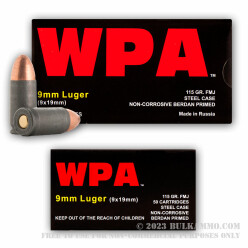 500  Rounds of 9mm Ammo by Wolf WPA - 115gr FMJ