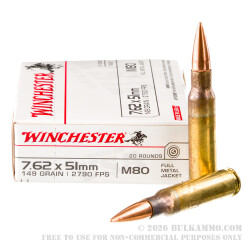 500 Rounds of 7.62x51 Ammo by Winchester - 149gr FMJ M80