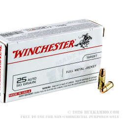 50 Rounds of .25 ACP Ammo by Winchester - 50gr FMJ
