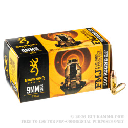 100 Rounds of 9mm Ammo by Browning - 115gr FMJ 100 Rounds of 9mm Ammo by Browning - 115gr FMJ