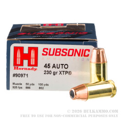 200 Rounds of .45 ACP Ammo by Hornady Subsonic - 230gr JHP