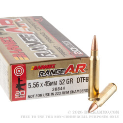 20 Rounds of 5.56x45 Ammo by Barnes Range AR - 52gr OTM