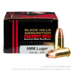 20 Rounds of 9mm Ammo by Black Hills Ammunition - 124gr JHP