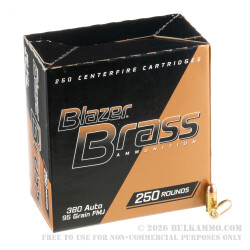 250 Rounds of .380 ACP Ammo by Blazer Brass - 95gr FMJ