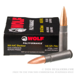 500 Rounds of .300 AAC Blackout Ammo by Wolf - 145gr FMJ