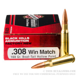 500 Rounds of .308 Win Ammo by Black Hills Ammunition - 168gr HPBT Match
