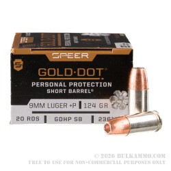 20 Rounds of 9mm +P Ammo by Speer Gold Dot Short Barrel - 124gr JHP