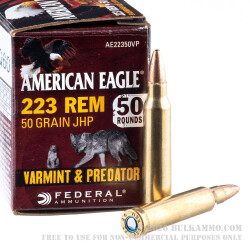 250 Rounds of .223 Ammo by Federal American Eagle Varmint & Predator - 50gr JHP