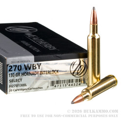 20 Rounds of .270 Weatherby Mag Ammo by Weatherby Select - 130gr InterLock SP 20 Rounds of .270 Weatherby Mag Ammo by Weatherby Select - 130gr InterLock SP