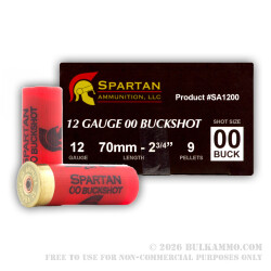 250 Rounds of 12ga Ammo by Spartan Ammo -  00 Buck - 9 Pellets