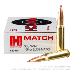 20 Rounds of .308 Win Ammo by Hornady Match - 168gr ELD Match
