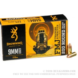 200 Rounds of 9mm Ammo by Browning - 115gr FMJ