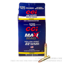 125 Rounds of .22 WMR Ammo by CCI Maxi-Mag - 40gr JHP