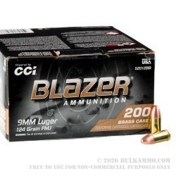 200 Rounds of 9mm Ammo by Blazer Brass - 124gr FMJ