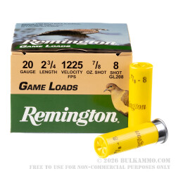 250 Rounds of 20ga Ammo by Remington Game Loads - 7/8 ounce #8 Shot