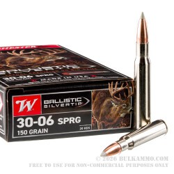 20 Rounds of 30-06 Springfield Ammo by Winchester Ballistic Silvertip - 150gr Polymer Tipped