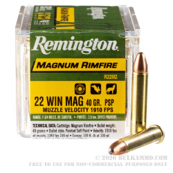 500 Rounds of .22 WMR Ammo by Remington Magnum Rimfire - 40gr PSP