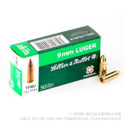 50 Rounds of 9mm Ammo by Sellier & Bellot Non-Toxic - 115gr TMJ 50 Rounds of 9mm Ammo by Sellier & Bellot Non-Toxic - 115gr TMJ