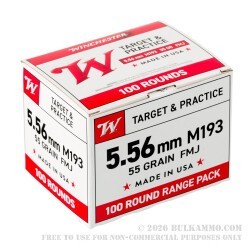 100 Rounds of 5.56x45 Ammo by Winchester USA - 55gr FMJ M193