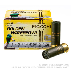 25 Rounds of 12ga Ammo by Fiocchi - 3" 1 1/4 ounce #2 Steel Shot