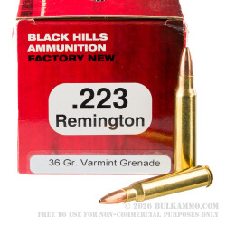 50 Rounds of .223 Rem Ammo by Black Hills Ammunition - 36gr Varmint Grenade