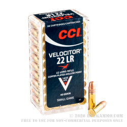 5000 Rounds of .22 LR Ammo by CCI Velocitor - 40gr CPHP 5000 Rounds of .22 LR Ammo by CCI Velocitor - 40gr CPHP