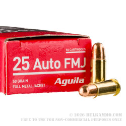 50 Rounds of .25 ACP Ammo by Aguila - 50gr FMJ 50 Rounds of .25 ACP Ammo by Aguila - 50gr FMJ