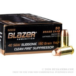 500 Rounds of .40 S&W Ammo by Blazer Brass Clean-Fire Suppressor - 180gr TMJ