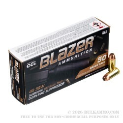 500 Rounds of .40 S&W Ammo by Blazer Brass Clean-Fire Suppressor - 180gr TMJ