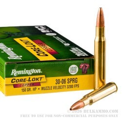 20 Rounds of 30-06 Springfield Ammo by Remington Core-Lokt Copper - 150gr SCHP