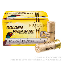 250 Rounds of 12ga Ammo by Fiocchi Golden Pheasant - 1 3/8 ounce #5 nickel plated lead shot