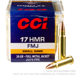 50 Rounds of .17HMR Ammo by CCI - 20gr FMJ