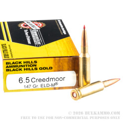 20 Rounds of 6.5 Creedmoor Ammo by Black Hills Gold - 147gr ELD Match