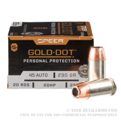 20 Rounds of .45 ACP Ammo by Speer - 230gr JHP