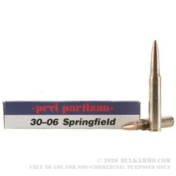 500 Rounds of 30-06 Springfield Ammo by Prvi Partizan - 150gr FMJ 500 Rounds of 30-06 Springfield Ammo by Prvi Partizan - 150gr FMJ