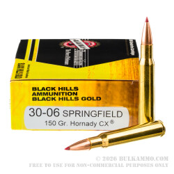 20 Rounds of 30-06 Springfield Ammo by Black Hills Gold - 150gr CX