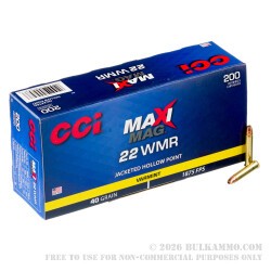 200 Rounds of .22 WMR Ammo by CCI Maxi-Mag MeatEater - 40gr JHP